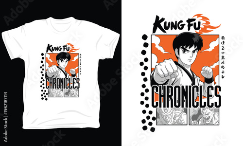 Kung fu chronicles vector illustration, martial arts character design for t-shirt print.