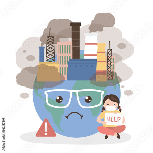 Effect of Air Pollution. Unhappy kid wearing mask against smog. Unhappy child asks for help cleaning up and saving planet. Ecological pollution concept. Sad Earth mascot