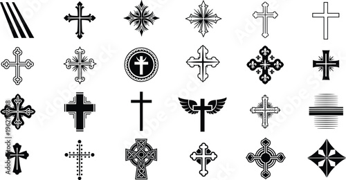 Cross symbol collection with diverse Christian designs, ornate decorative patterns, Celtic knot, wings, radiating lines, religious artwork, flat vector illustration