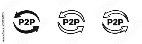 P2P Peer-to-Peer Circular Arrows Icon Set. Continuous Data Exchange and Network Refresh Symbol.