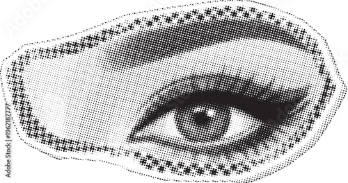 Woman eye in retro comic book style with halftone dots on transparent background.