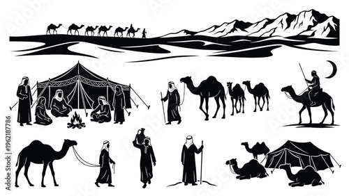 Desert travelers with camels and tents illustrating nomadic life.