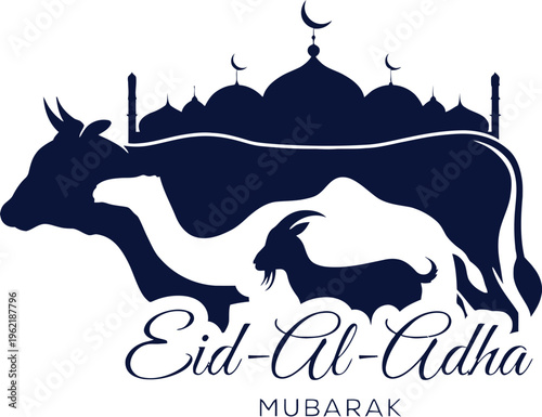 Eid Al Adha Mubarak celebration with mosque and sacrificial animals.