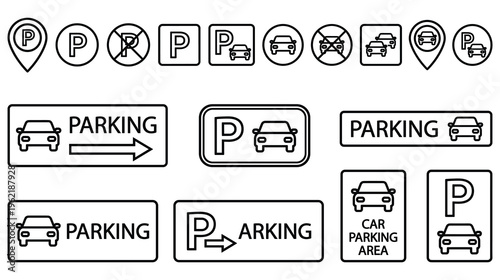 Car parking area road signs collection with black outline silhouettes.