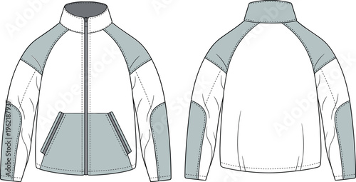 Color block full zip jacket technical fashion flat sketch front and back view with raglan sleeves and pocket detail, modern outerwear apparel template illustration
