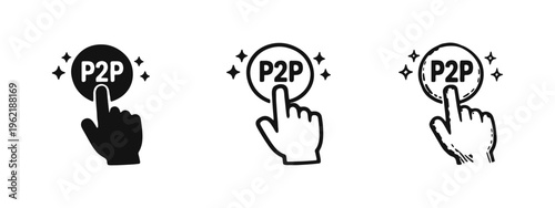 P2P Peer-to-Peer Click Button Icon Set. Hand Cursor Interacting with Network Technology Symbol.