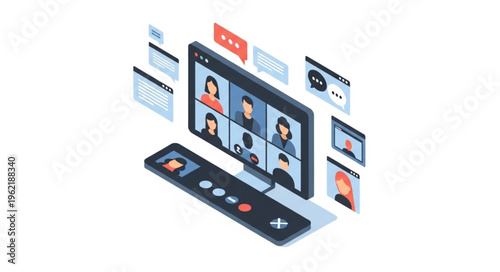 Isometric Illustration of a Video Conference on a Computer Screen.