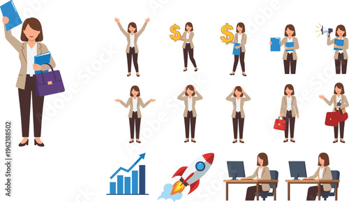 Professional business woman character set in blazer featuring office poses with computer dollar signs rocket launch and growth chart for startup marketing and corporate presentations.