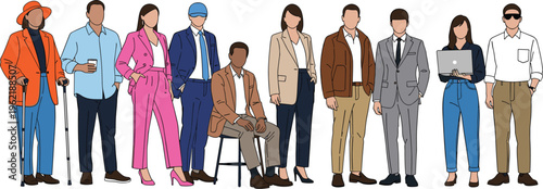 Diverse group of professional men and women in stylish business casual outfits standing together including person with disability for corporate inclusivity and community diversity.