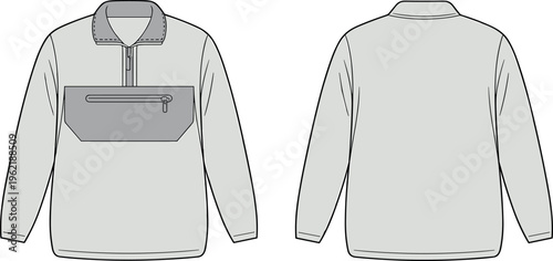 Long sleeve anorak jacket with chest pocket technical vector illustration featuring front and back views, clean outline template for fashion design, apparel mockup