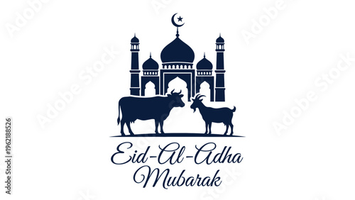 Eid Al Adha Mubarak celebration with mosque, cow, and goat silhouettes.