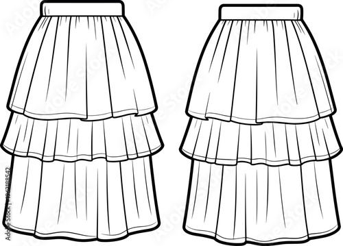 Layered ruffle skirt technical flat sketch with front and back view, detailed apparel template for fashion design, garment construction and clothing mockup