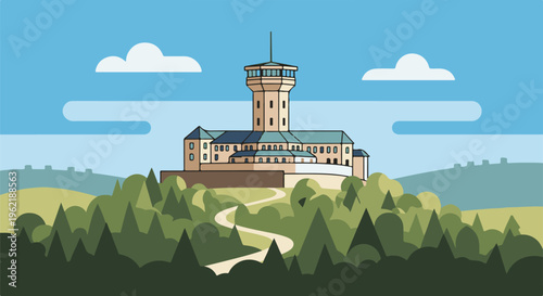 A grand tower building stands tall on a lush green hill