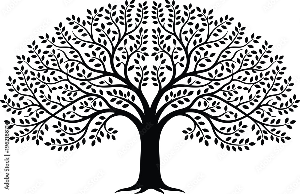 Fototapeta premium Decorative tree silhouette, vector illustration of tree of life with symmetrical branches and foliage, artistic family tree design, flat vector illustration