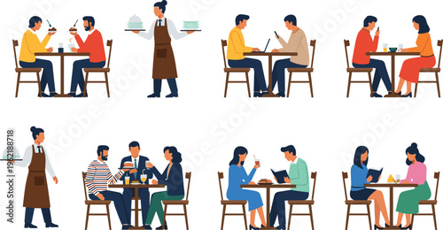 Flat vector illustration set of people sitting at tables eating lunch working on laptops and talking while waiters serve food in cafe restaurant scene.