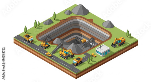 Isometric Mining Operation - Open-Pit Mine with Heavy Machinery.