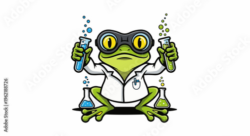 A green cartoon frog scientist wears goggles and a lab coat, holding test tubes