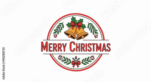 A festive circular emblem with golden bells and holly, proclaiming "Merry Christmas