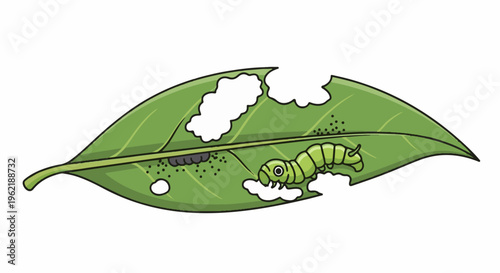 A green caterpillar crawls across a leaf with bite marks