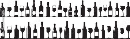 Wine bottle and glass silhouette set for cad drawing flat vector illustration featuring alcohol beverage containers for bar restaurant menu and kitchen design.