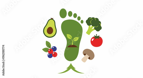 A green footprint with a sprout inside, surrounded by fresh produce