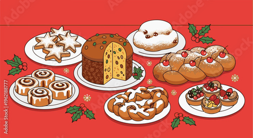 A festive display of assorted holiday baked goods on a red tablecloth
