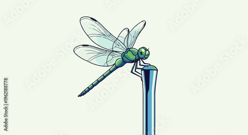 A green dragonfly with iridescent wings perches on a metallic pole