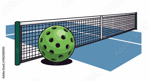 A green pickleball rests near the net on a blue court