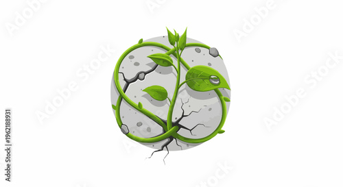 A green vine with leaves grows through a cracked gray circular surface