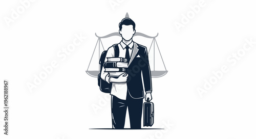 A figure in a suit carries books and a briefcase, balanced by scales