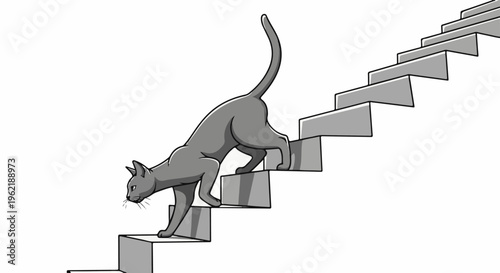 A grey cat carefully walks up a set of stark grey stairs