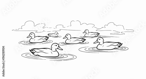 A flock of ducks gracefully glides on rippling water under the clouds
