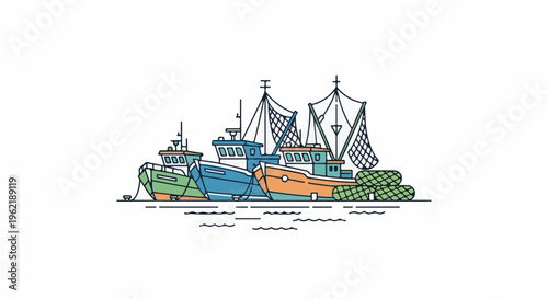 A group of fishing boats with nets docked at sea