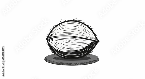 A hairy, split coconut with three eyes sits on a textured, circular base