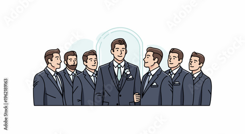 A group of seven men in suits, with one in the center distinguished by a boutonniere