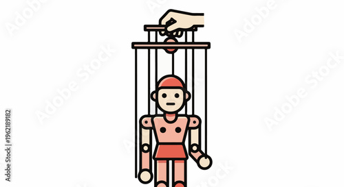 A hand controls a marionette puppet with strings attached