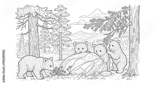 Curious bear cubs exploring a mountain landscape with pine trees and distant hills, scenic background, intricate outline drawing