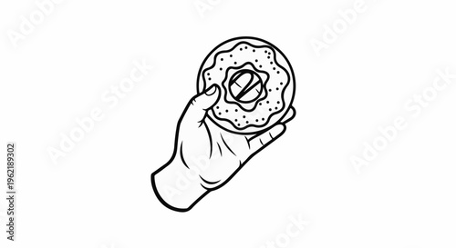A hand holds a ring donut with sprinkles and a swirl design