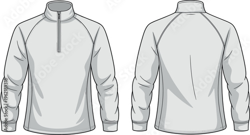 Long sleeve quarter zip pullover sweatshirt technical vector illustration with front and back views, clean outline template for fashion design, apparel mockup, garment reference