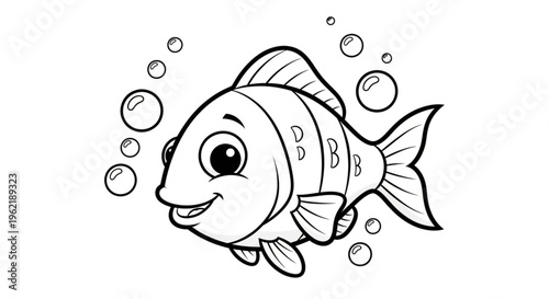 Cartoon fish swimming with bubbles, simple shapes, kids coloring page
