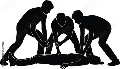 Black and white silhouette of three people restraining person on ground, physical struggle, conflict, confrontation, tension, minimalist industrial safety illustration. (20 words)