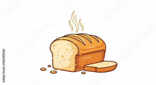 A freshly baked loaf of bread with a slice and crumbs