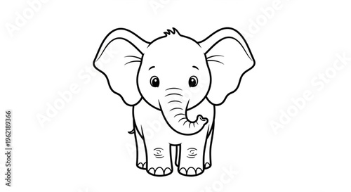 Cute baby elephant standing, big ears, simple outline, black and white coloring page, white background