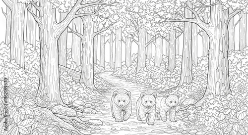 Bear cubs walking through forest path with tall trees and textured ground, scenic composition, intricate line art