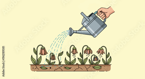 A hand waters drooping flowers in dry soil with a watering can