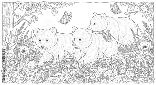 Bear cubs exploring a forest in summertime, walking through tall grass and wildflowers, butterflies flying around, detailed nature scene, black and white coloring page, clean line art, white backgroun