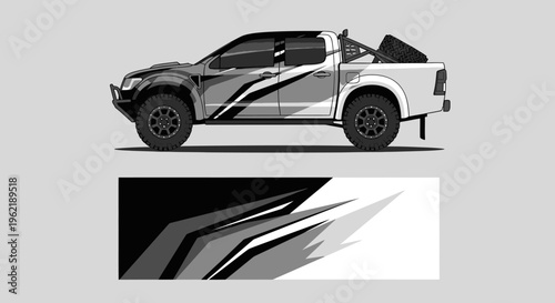 Graphic Wrapped Pickup Truck with Dynamic Black White Stripes Design.
