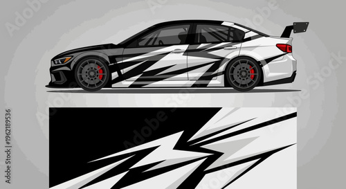 Sleek black and white sports car featuring bold zigzag livery and racing-inspired stripes.