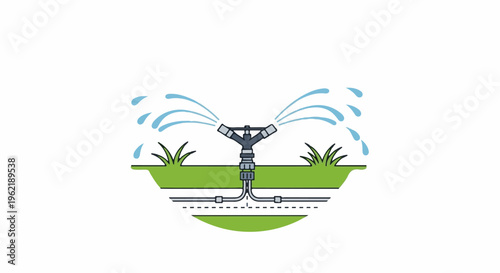 A garden sprinkler waters green grass, with underground pipes visible below