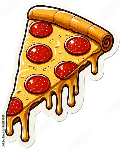 A delicious vector illustration of a hot Italian pepperoni and salami pizza slice with melted mozzarella cheese and fresh mushrooms for a tasty pizzeria snack